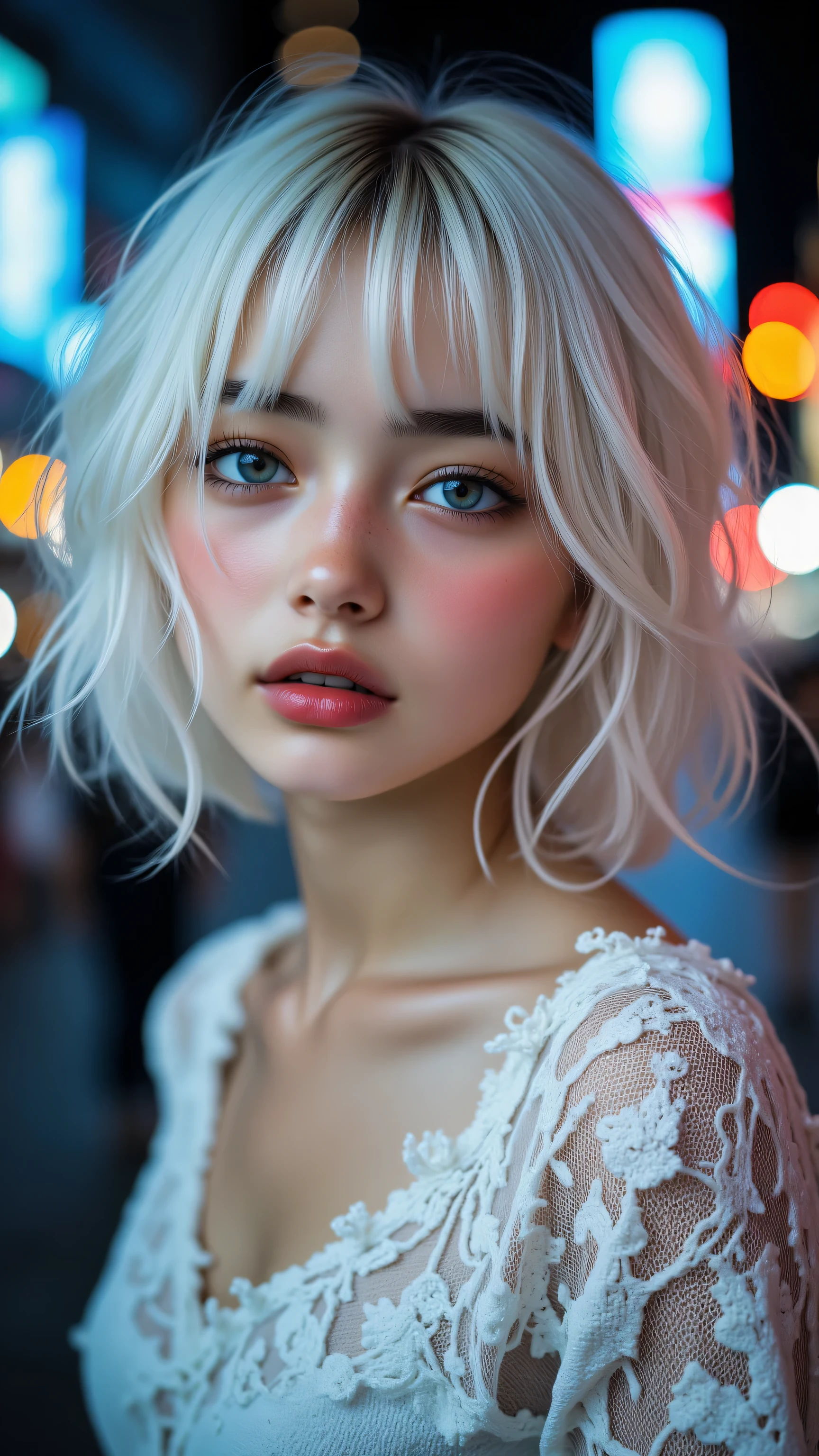 comely ( crying expression with tears ) (((darkskin:1.2))) androgen:1.3, ((darkskin:1.2)), (((White hair))), ethereal darkskin beauty,blue piercing eyes,long flowing White hair,darkskin complexion,soft pink lips,sensual behavior,seducing gaze,graceful pose,subtle makeup,pure white dress,Delicate features,striking contrast with the environment,soft natural light,subtle shadows,ethereal atmosphere,swirly vibrant colors,dream scenario,romantic atmosphere,artistic portrait,highly detailed rendering,Photorealistic quality.