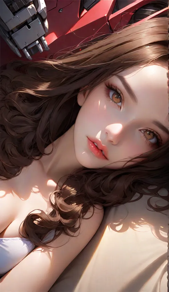 1 mature woman with redhead long wavy hair with bangs (wavy hair) (hair flying on the air) (blue eyes), red princess clothes (red color), (masterpiece), soft sun light, (incredibly colorful), lightning falling on the ground, soft light on her face, (ultra high quality), (8K quality), depth of field, ambient lighting, ((soft detail)), sunflower flower field background (sunflower petals flying on the air), she is laying in the middle of flower field ((laying down pose)) ((looking up while laying)), view from top down, white lighting effects, (realistic: 1.3), (max sharp) (detailed face) (detailed eyes), detailed lighting, perfect shadow, Masterpiece, best picture quality, nature landscape full of delicate leaves, petals of various colors slowly falling in the air, lighting excellent enough, overall picture quality very detailed and realistic, best illustration and best shadow effect.