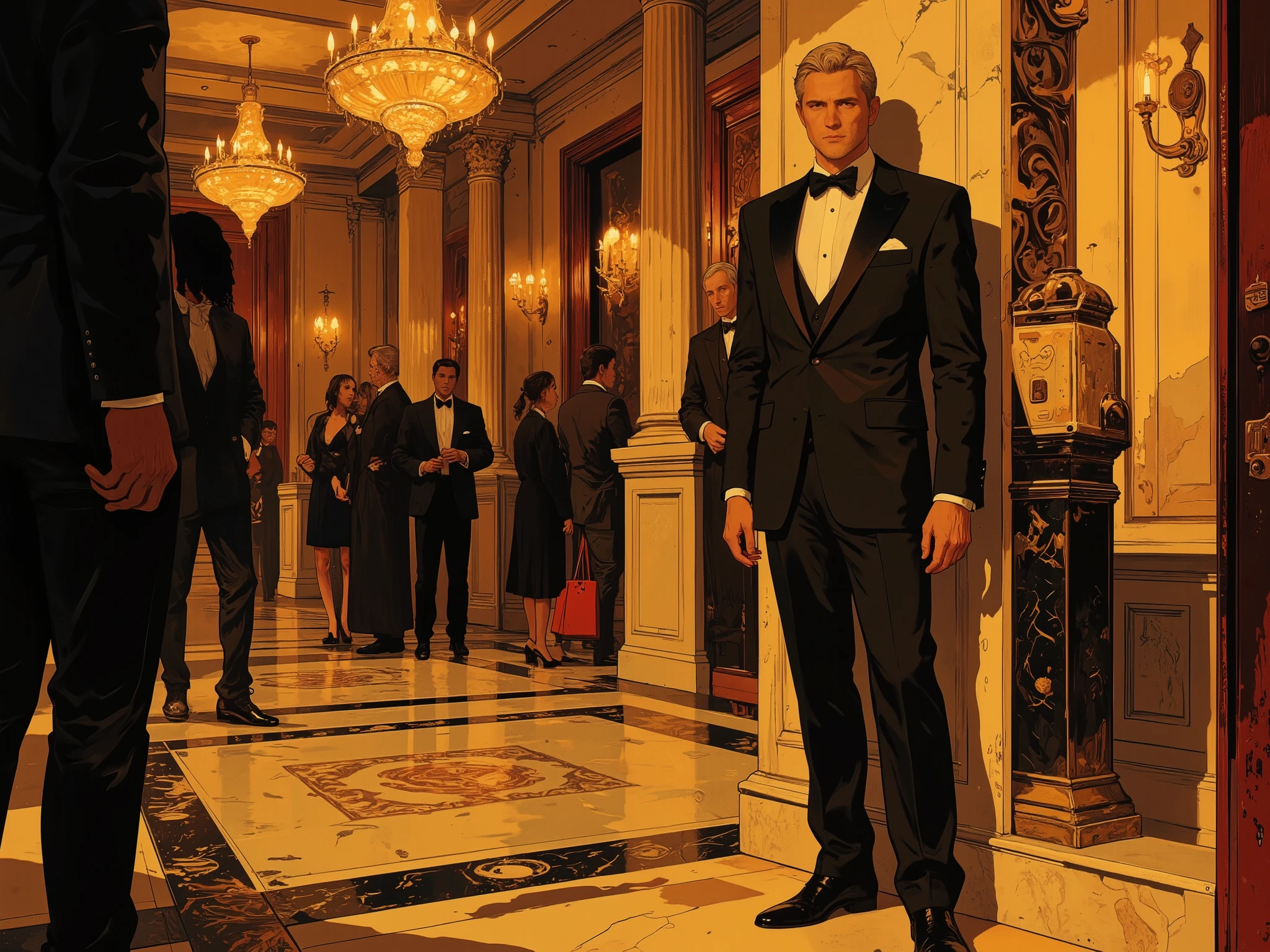 "Anime-style (dramatic spy composition:1.5), a charismatic and refined spy partially concealed behind a luxurious marble column during a high-class gala event. The spy is dressed impeccably in a tailored black tuxedo with silk bowtie, polished leather shoes, and a sleek, well-styled haircut, adding an air of confidence and sophistication. He leans slightly, his sharp gaze focused intently as he listens to a secretive conversation happening in the dimly lit corner behind him.
The grand ballroom is opulent, with dazzling crystal chandeliers casting warm, golden light across the elegantly patterned marble floor. Guests dressed in extravagant attire fill the space, engaged in lively conversation, while two figures exchange hushed words in the blurred background, their tension palpable. Dramatic tones emphasize the contrast between the spy's composed demeanor and the vibrant ambiance of the gala.
(Dynamic lighting:1.4) highlights the shadows and reflections in the scene, with vibrant colors—golden yellows, rich reds, and deep blacks—bringing drama and sophistication. Composition showcases cinematic angles and a dynamic perspective, drawing attention to the intensity of the moment. Style: anime poster, hyper-detailed, bold colors, dramatic contrasts, polished outlines, and artistic flair that enhances the elegance and suspense."