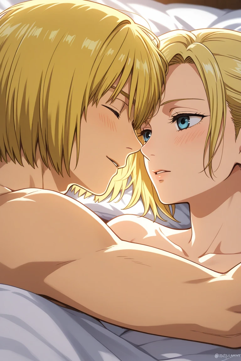 ((Highest quality)), ((masterpiece)), (detailed), (Perfect Face)、A man and a woman who are in love, have sex and make a baby、The woman is Queen Zelda of the Gerudo tribe, she has blonde hair in a bob cut, blue eyes, is naked, and loves her husband Ganondorf with all her heart.、The man is a dignified, middle-aged, bearded, muscular man with red hair and dark skin, King Ganondorf, the king of the Gerudo tribe, naked and making love to his wife, Zelda.、A man and woman are embracing and kissing on the luxurious throne of the Gerudo royal family.、The queen and the king are so infatuated with each other that they have sex and love each other, and they both wear engagement rings.