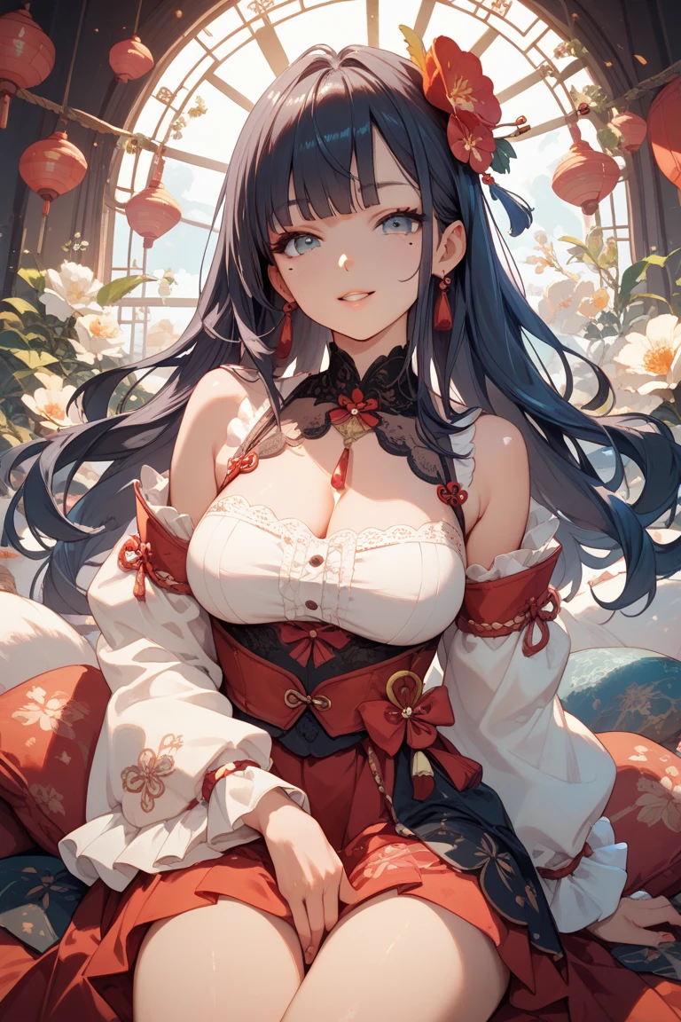 (New masterpiece of top quality),NSFW lingerie futurizes a woman standing in a bold pose with a smile. She has large breasts and seductive cleavage, and her extremely intricately embroidered panties are exposed through the air. The camera angle looks down from above, and the natural sunlight is beautiful. A hint of nip adds a layer of sensuality to this stunning image."
