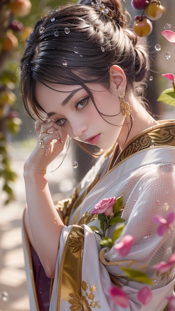 pond, feudal japanese architecture, Female, Women, , EROTIC, View viewer, romantic, loving, love, FacingViewer, colorfully, long-haired, (Comb your hair into a perfect bun.:1.3), (asian:1.3), My leg., bandana, ribbons, Twilight Blue, shiny silver color, purple galaxy, black velvet, Sakura Park, Cherry trees, pink petals, outdoor, stand, (Chest cover:1.4), (Hands on breast milk:1.3), (sunset, dusk:1.25), (silk kimono robe:1.5), (sash:1.3), (Bare shoulders:1.4), (No shoulder strap:1.3), (delicate embroidery:1.1), Elegant, frills, (Reveal:0.8), (Art by Noah Bradley:1.4), (hand on her own chest:1.3), (:1.4), small, slim waist, Small breasts, fcHeatPortrait, (mid shot:1.3), Leering, risk, Thin and light, Disrespectfully clad, cleavage, (Grab her own breasts.:1.3), (masterpiece:1.2), subsurface scattering, Heavy shadow, (High Quality:1.4), golden ratio, (intricate, high-detail:1.2)