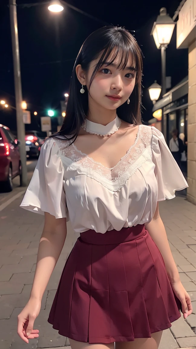 Pure idol girl、whole body、Good style、、、、、、、、、、Tanned thick legs、Night Town、Colorful pleated mini skirt、A high-neck shirt with partially exposed shoulders、、Cross Belt