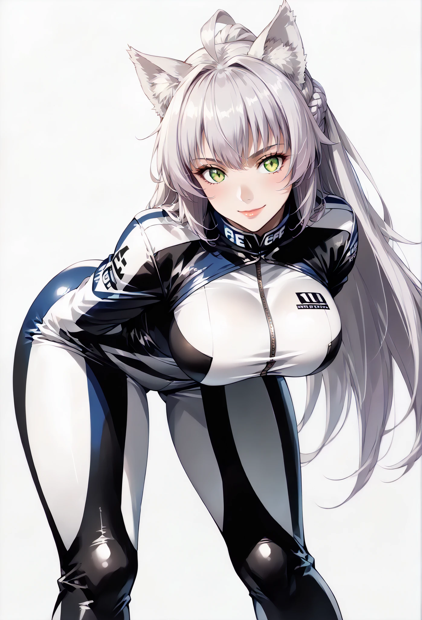 score_9, score_8_up, score_7_up, source_anime, 4K,perfect fingers,(perfect hands, perfect anatomy),prefect lighting, very aesthetic, intricate details,highly detailed background, masterpiece, high quality, best quality,
1girl,((solo)) ,atalanta, green eyes, slit pupils, grey hair, long hair, ahoge, animal ears, cat ears, , Large breasts,,
wearing ((circuit girl, racing suit, latex,red and white racing suit, )) ,,
looking at the spectator, cowboy shot, filed, Arms Behind Back, high thigh individual , (large breasts:0.9),Stand up,fullbody,((White plain background:1.5)) ,smile,((front look:1.5)), (no ball:1.7)), low angle, ((leaning forward:1.5)),