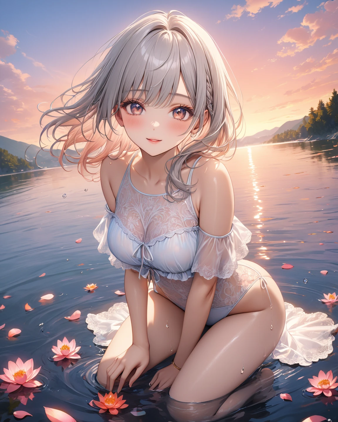 Ayaka, wet, soak, (best quality,4K,8k,High resolution,masterpiece:1.2),Super detailed,(actual,realistically,realistically:1.37), white hair, huge title blue eyes, White lace nightgown,pink color,moisture,Sitting on a stone by the lake,face camera, Water Drop, sparkling skin,covered in sweat,There is an unknown thing on the body,a happy expression, Open your legs slightly, Medium breasts, Uniforms