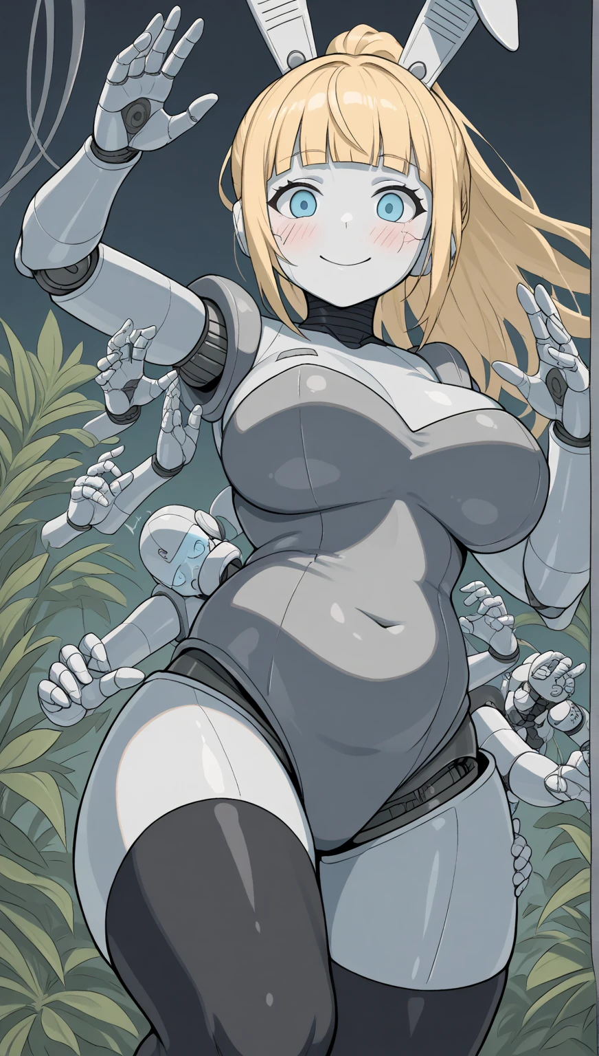 haydee, 1girl, solo, breasts, android, robot, dark skin, tall, faceless, (motion lines), (huge breasts), outside, field, forest, sundress, straw hat, running, pose