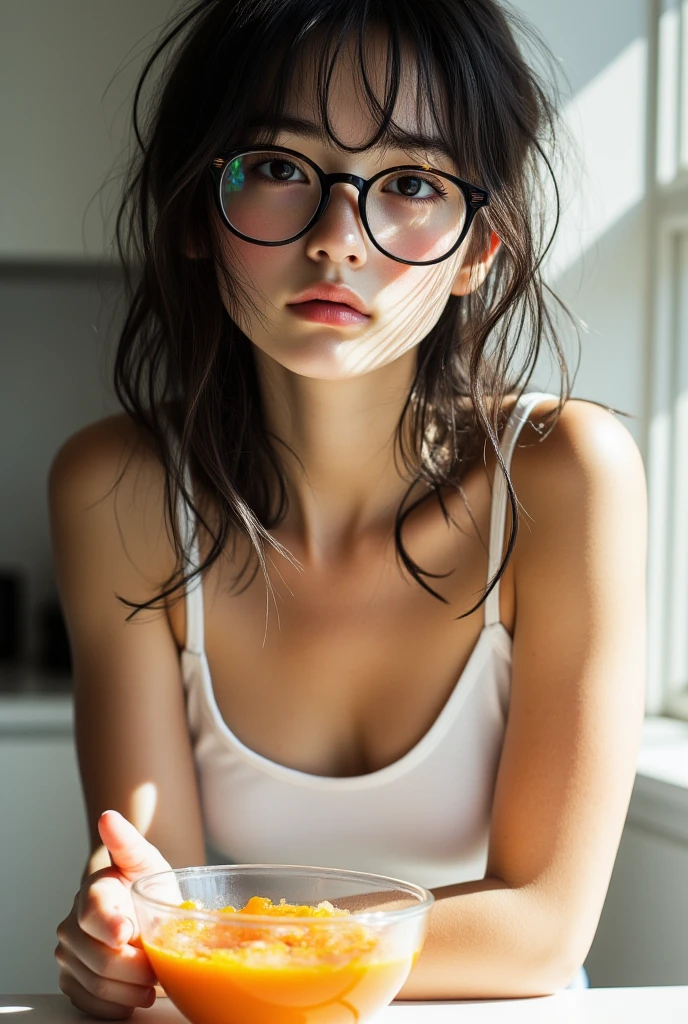 A beautiful young woman bending forwards. She is wearing spectacles and a shirt in sexy pose