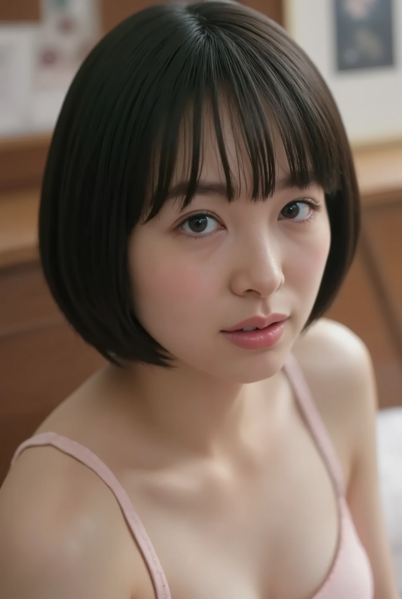 (( of the highest quality )), ((masterpiece)), ( details), First Person View ,girl, petite women, Voluptuous women ,( in the bedroom ),(((very big breasts, sexy underwear, short bob hair))), black hair , (( without makeup, small eyes))