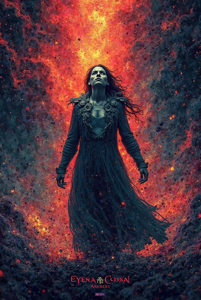 woman in a black dress sits on the ground covered in fire, flames surround her, engulfed in swirling flames, Goddess of Fire, fantasy art behance, enveloped in flames, her hair is made out of fire, she has fire powers, A dress made of fire, Dark Phoenix, appears as the goddess of fire, Surrounded by fire, her body made of flames