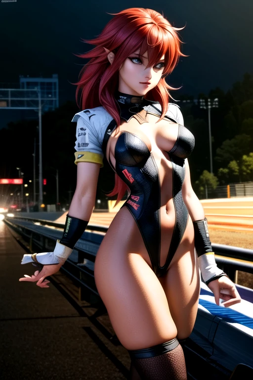 highest quality、All limbs、full finger、((one beautiful woman))、Beautiful busty woman、straight hair woman、Woman with red hair、big smile、Race Queen Costume、((A woman wearing a red leotard with a logo))、Exposing the belly、Red Arm Cover、A woman wearing long red boots、Formula 1、F1 Racing、racing car、、hands on hips