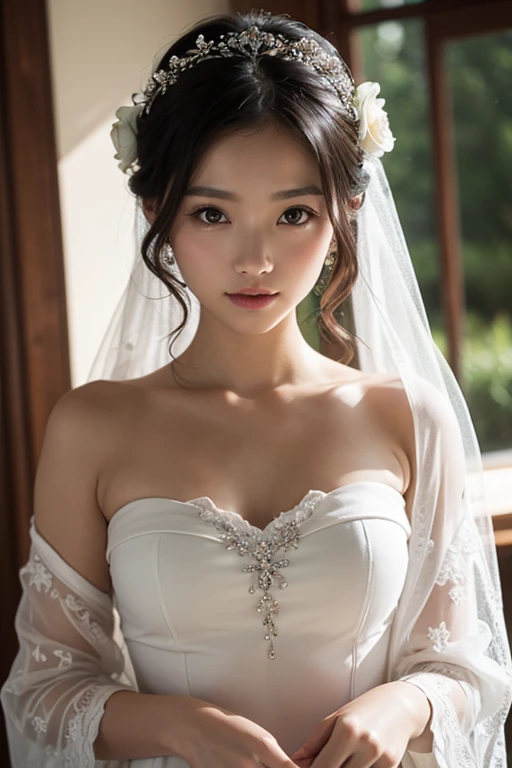 from side, close up face, look away, smile, frilly long sleeves, white lace veil, kawaii, The bride is dressed in a white wedding dress, and her cheeks are flushed with happiness. Her profile exudes a quiet beauty, and a vibrant hydrangea flower is added to her ear. The petals of the hydrangea enhance the elegance of the bride, and its color symbolizes her happiness. This scene celebrates pure love, happiness, and a new beginning.