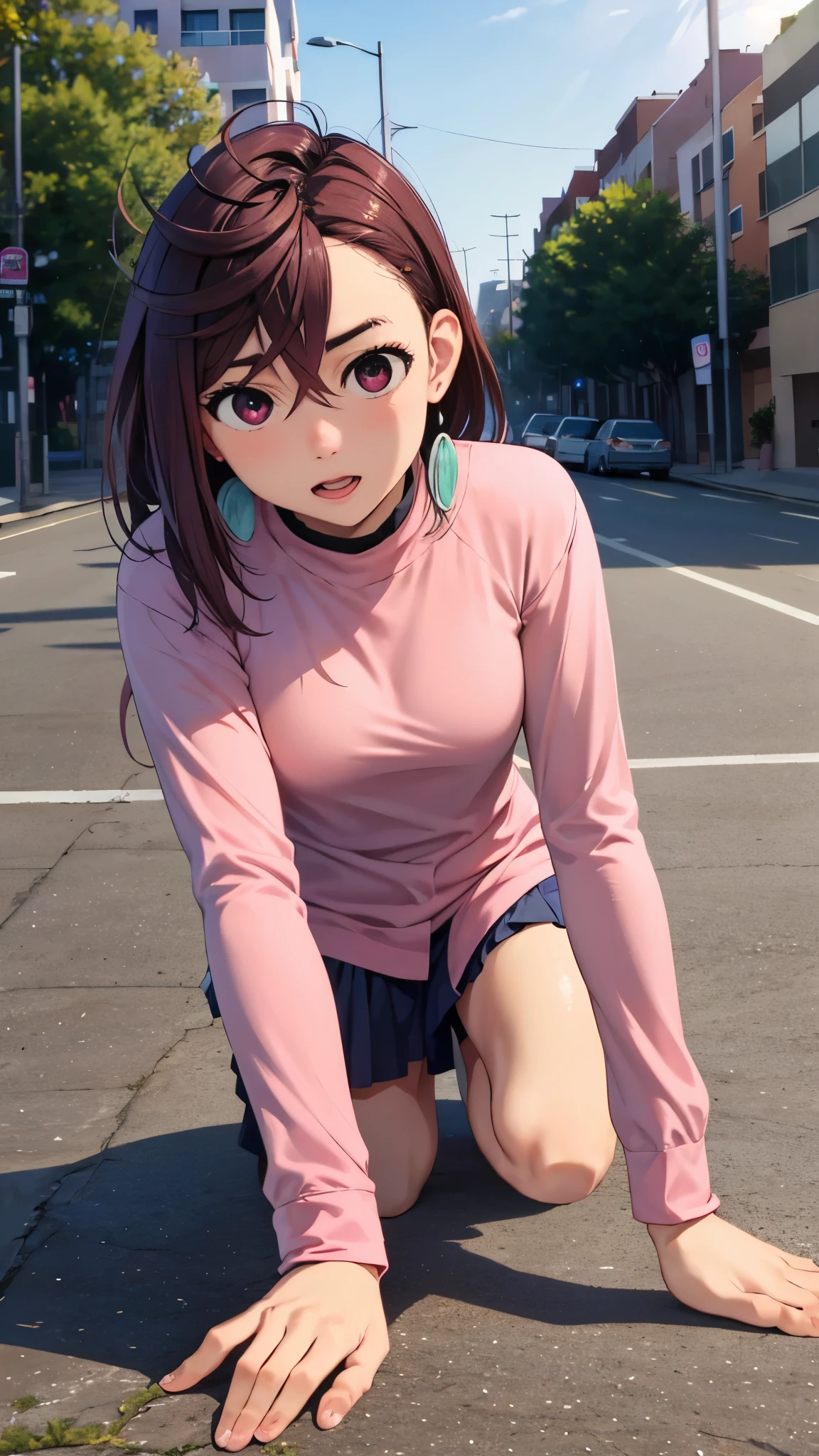 rape, Momose Momo is on all fours, she is being raped by two homeless tramps in old torn clothes, loud onomatopoeic speech, sunny summer day, frontview full length, brown hair