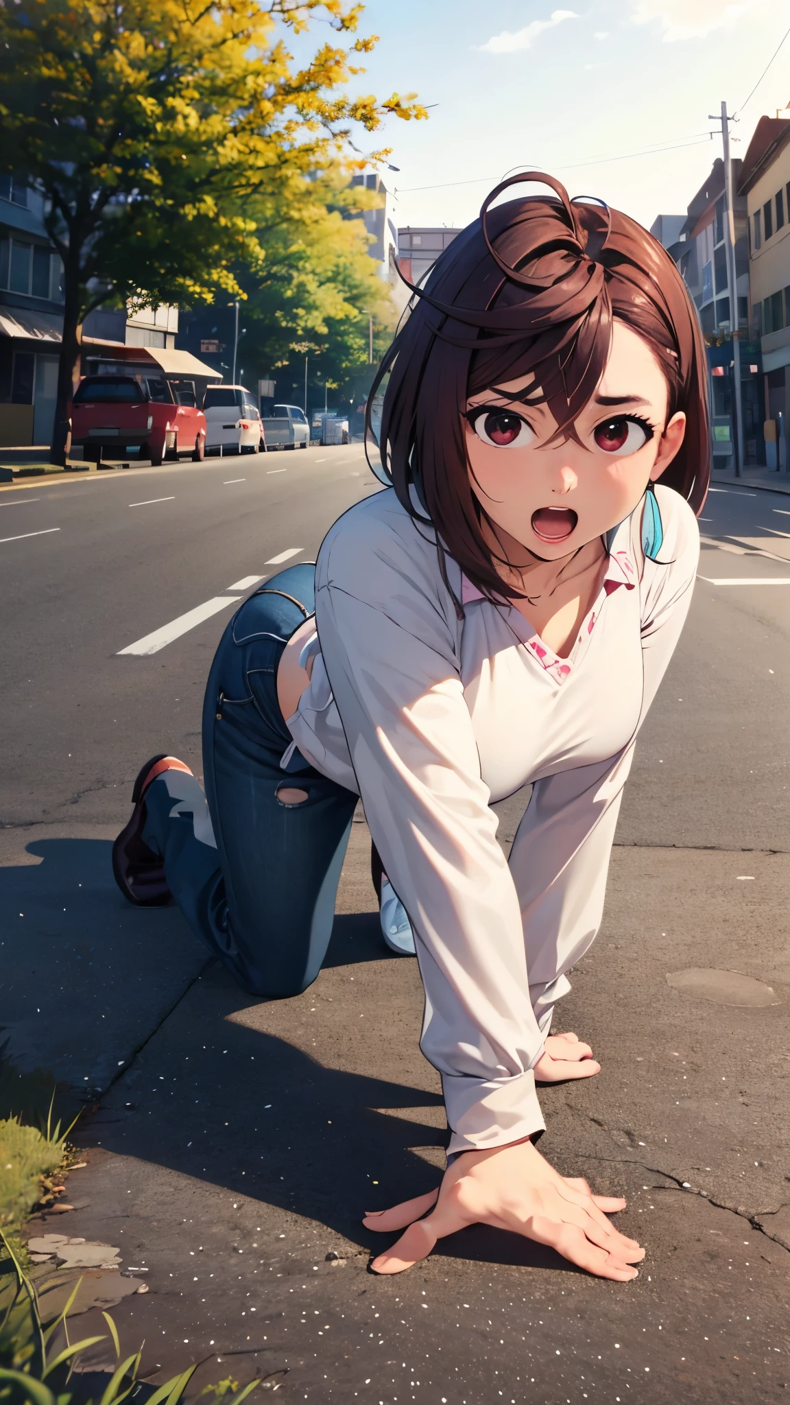 rape, Momose Momo is on all fours, she is being raped by two homeless tramps in old torn clothes, loud onomatopoeic speech, sunny summer day, frontview full length, brown hair
