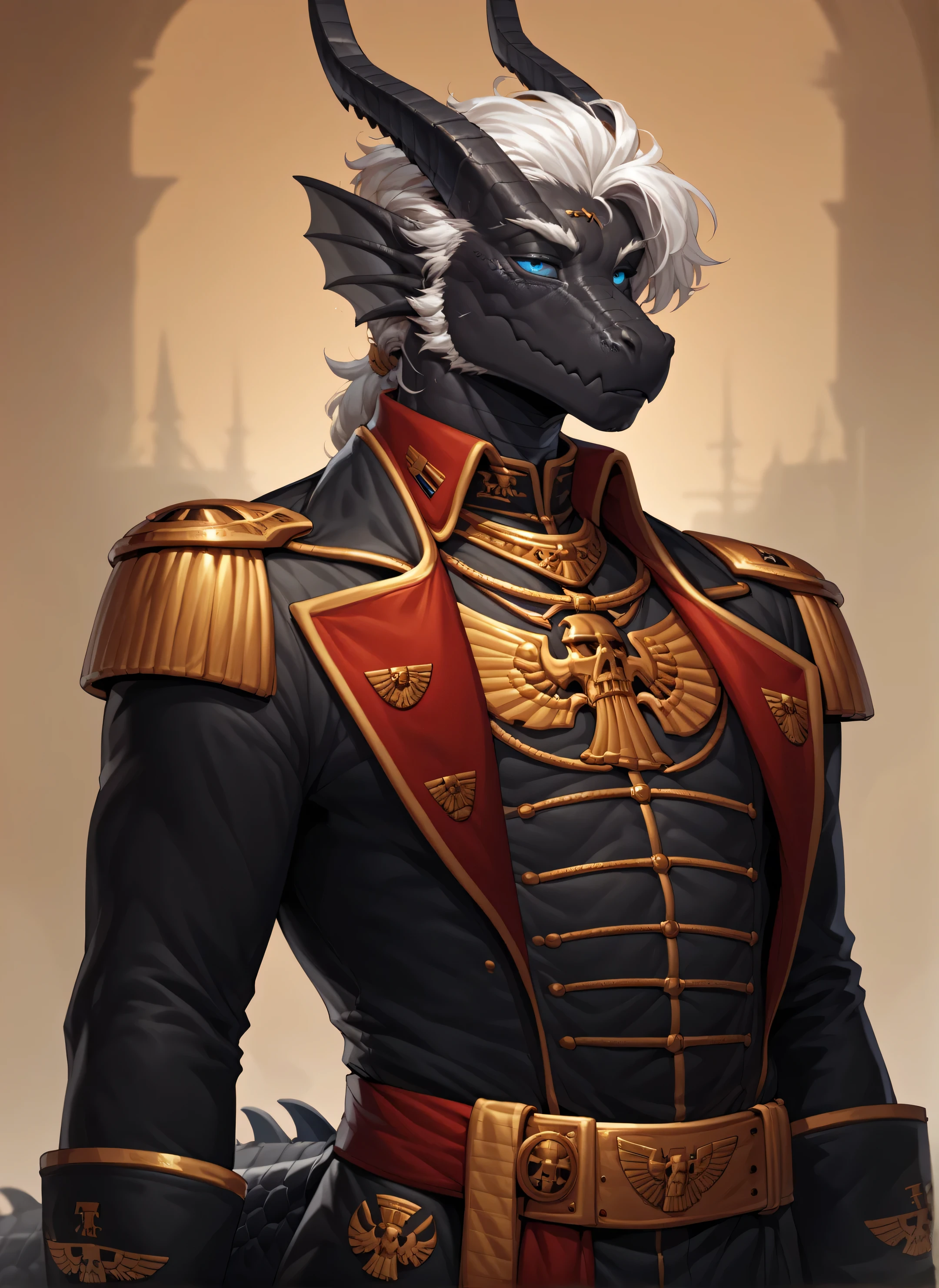 Solo, male Anthro dragon, black scalies, black body, black skin, scalies, long white hair, blue eyes, athletic body, twink, Commissar uniform, warhammer40kcommissar, 