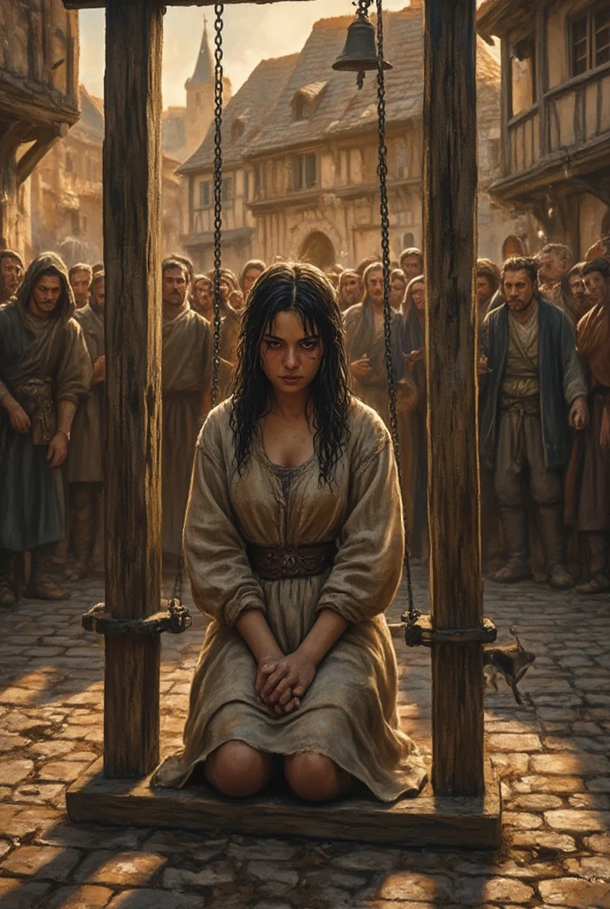 Woman in the stocks. She has her soles exposed