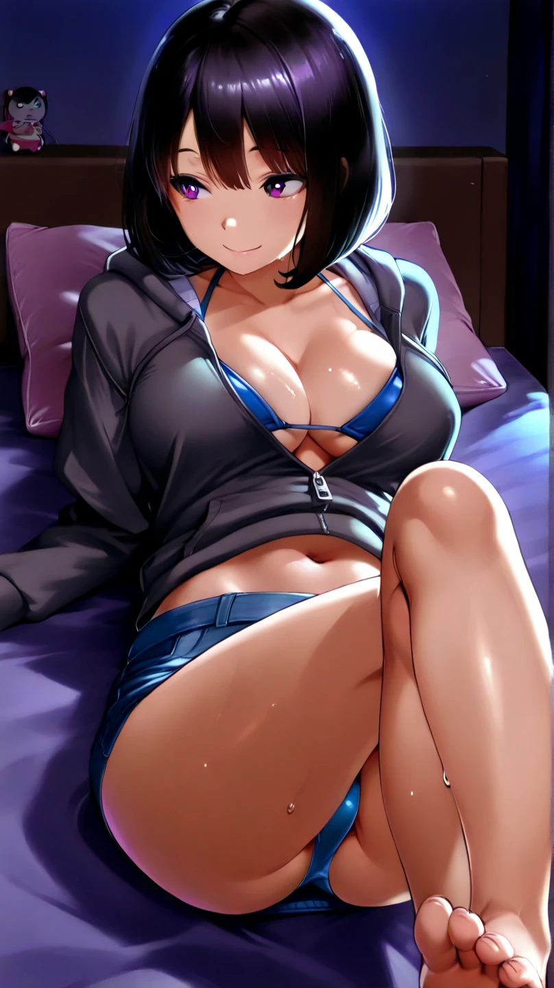 whole body(From head to toe)View image:1.3、masterpiece、Highest quality、Beautiful woman、A thin pilot suit that resembles a school swimsuit(Evangelion style)、Big Breasts 、Black-haired、A mischievous smile that pleases men:1.3、Beautiful legs、Sweaty、blush、Sweaty clothes、Detailed costume、Detailed skin、Lie down in bed:1.2、Big penis