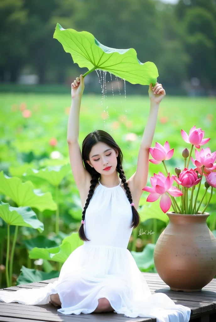 so so cute 4 years baby girl.black color long hair. Beautiful eyes.red color lips.white skin.smile face. she holding white lotus flowers in her hand.there are many colorful lotus flowers around her. a little girl in a blue long dress .