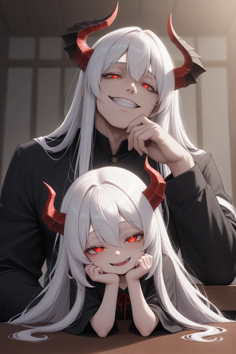Boy, white hair, long straight hair, red eyes, wild smile, sharp teeth, pointed ears, fair skin, black suit, white dress shirt, stylish, red tribal tattoos, red facial tattoo, night on the streets, high details, high quality, 4K, anatomically correct