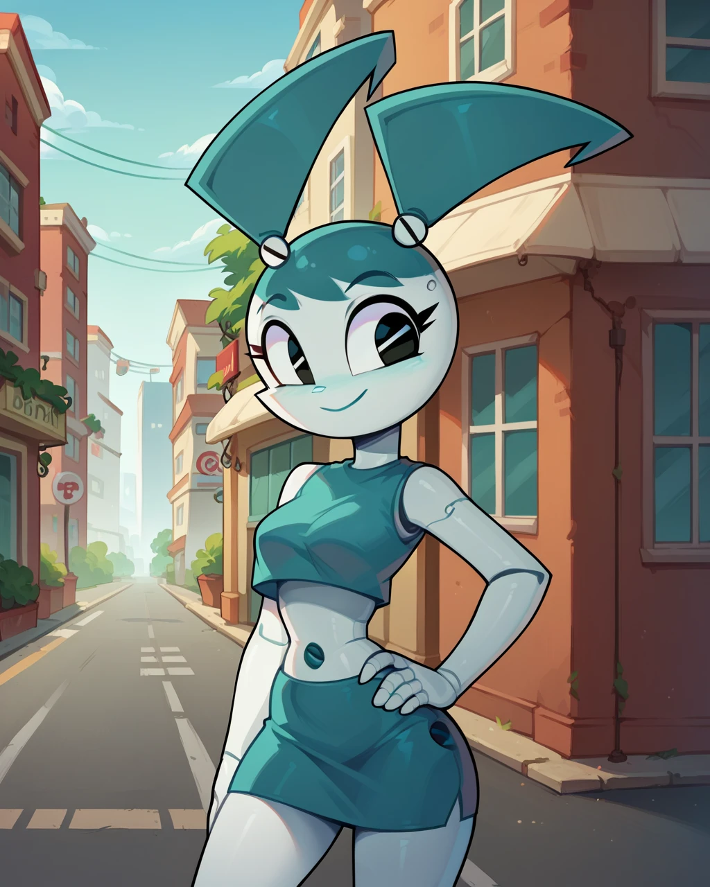 Jenny standing in beach, small blue bikini, back facing viewer, showing butt. looking at viewer. Smiling. Hand on hip. Robot body, robot joints