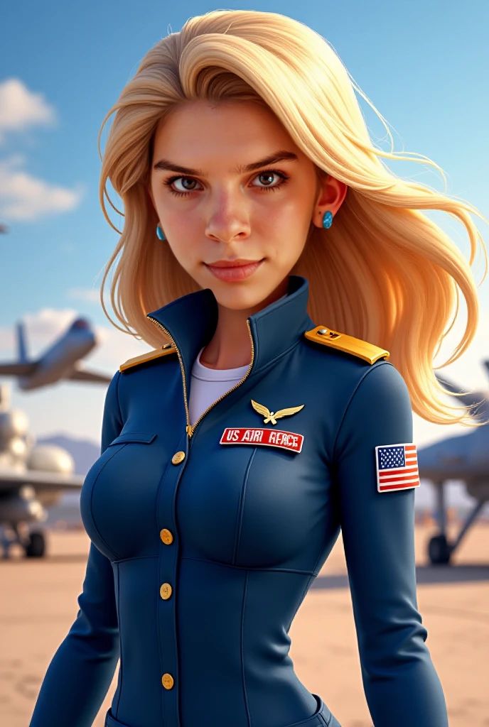 masuter piece, best qualtiy, (((realisitic, Photorealsitic:1.37))), ((Solo)), 8K image quality, Extremely delicate and beautiful, splendid, Official art with attention to detail, Ridiculous, Unbelievably ridiculous, huge filesize, ultra-detailliert, ighly detailed, (Pretty girl), (detailed girl), extremely detailed eye and face, Beautiful detailed eyes, Light makeup,, (Perfect female figure), large full breasts, Slim waist, big butts, (Nordic beauty), ((fullllbody)), ((Put the head in the frame)), a blond, ((Female Fighter Pilot)), (((Full Body Fighter Pilot Suit))), Military airports, Sunnyday,