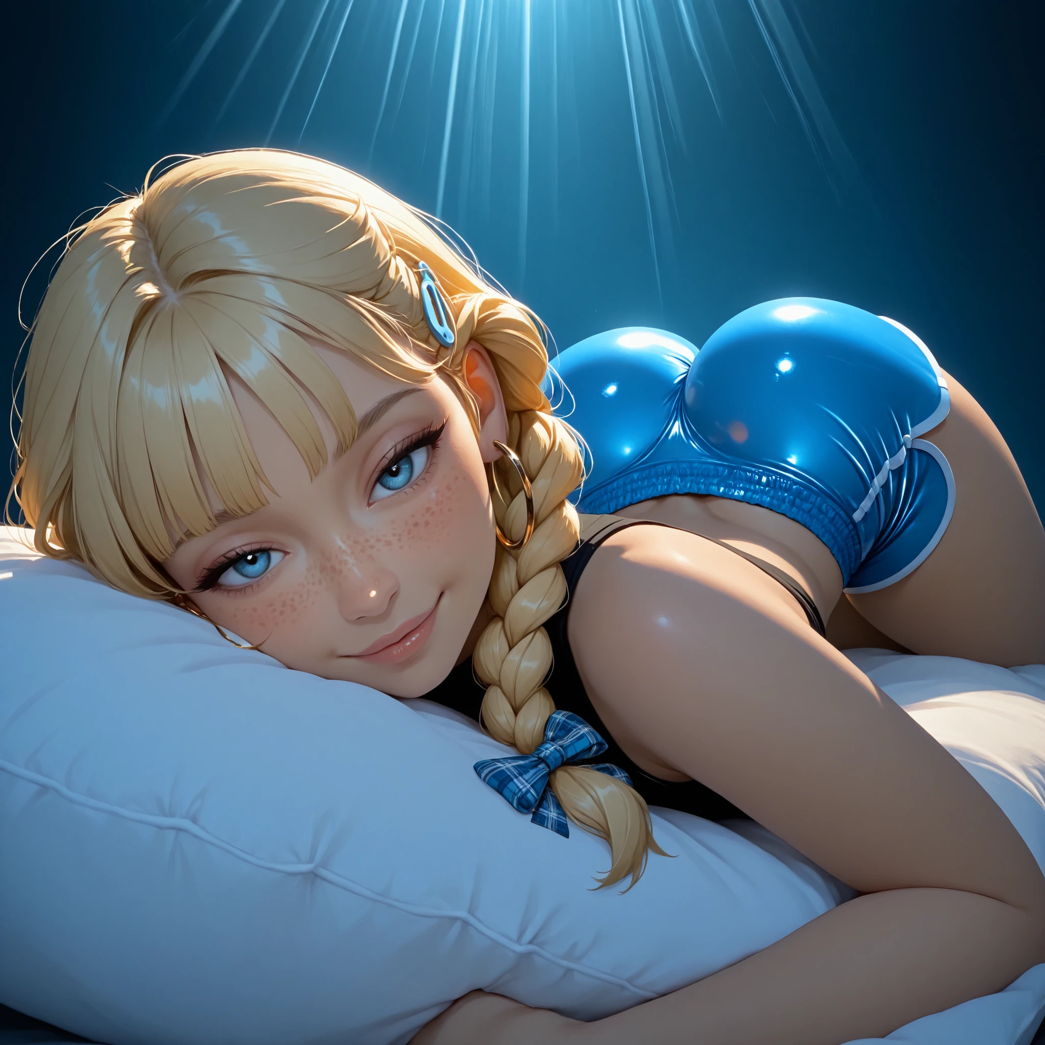 1girl, Solo, High Resolution, looking at viewer, Bangs, Hair Bow, Masterpiece, High Resolution, Anatomically Correct, Detail, High Details, High Quality, Hoop Earrings, cute freckles, seductive smile, plaid Hair Ribbon, Jewelry, Hair Clip, Backlighting, Bloom, Cinematic Lighting, God Rays, score_9, score_8_up, score_7_up, cinematographic film image, 1 succcube, mature model ( blonde hair, braid:1.1), ( sexy tight dolphin shorts , blue:1.3), laying on large pillow bitting it, ass in air