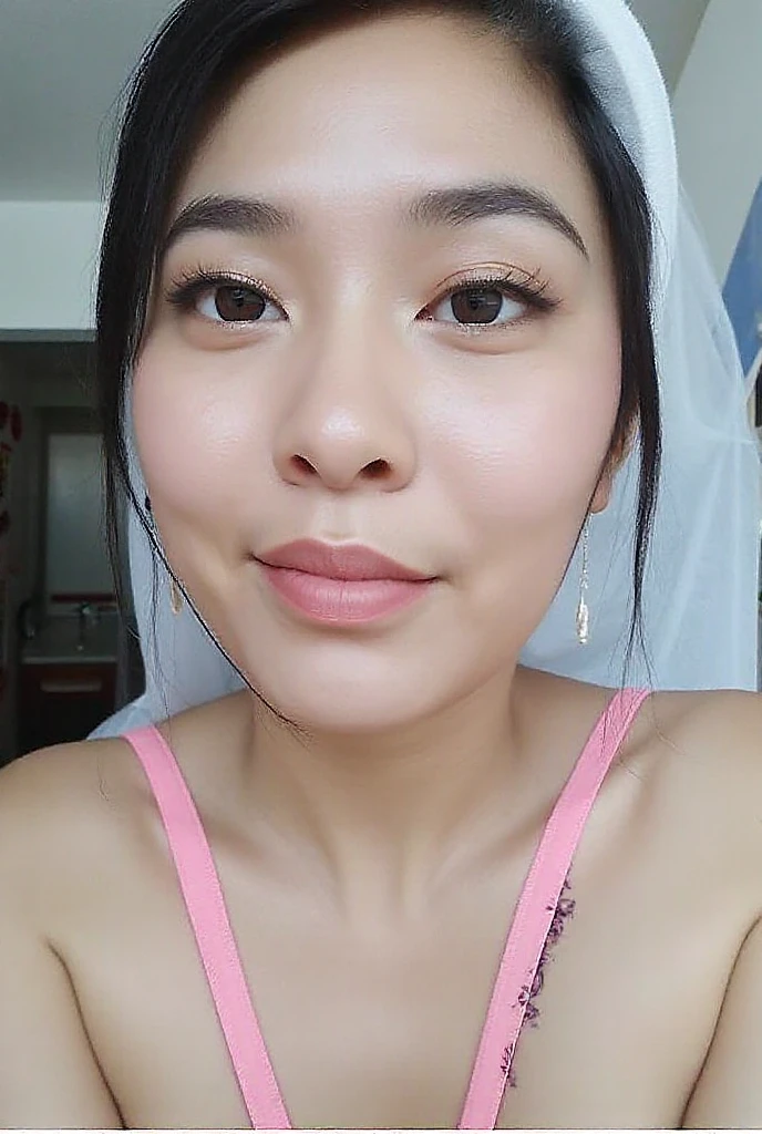Asian women in her 30's, middle weight, cute realistic no make up, long brown hair.