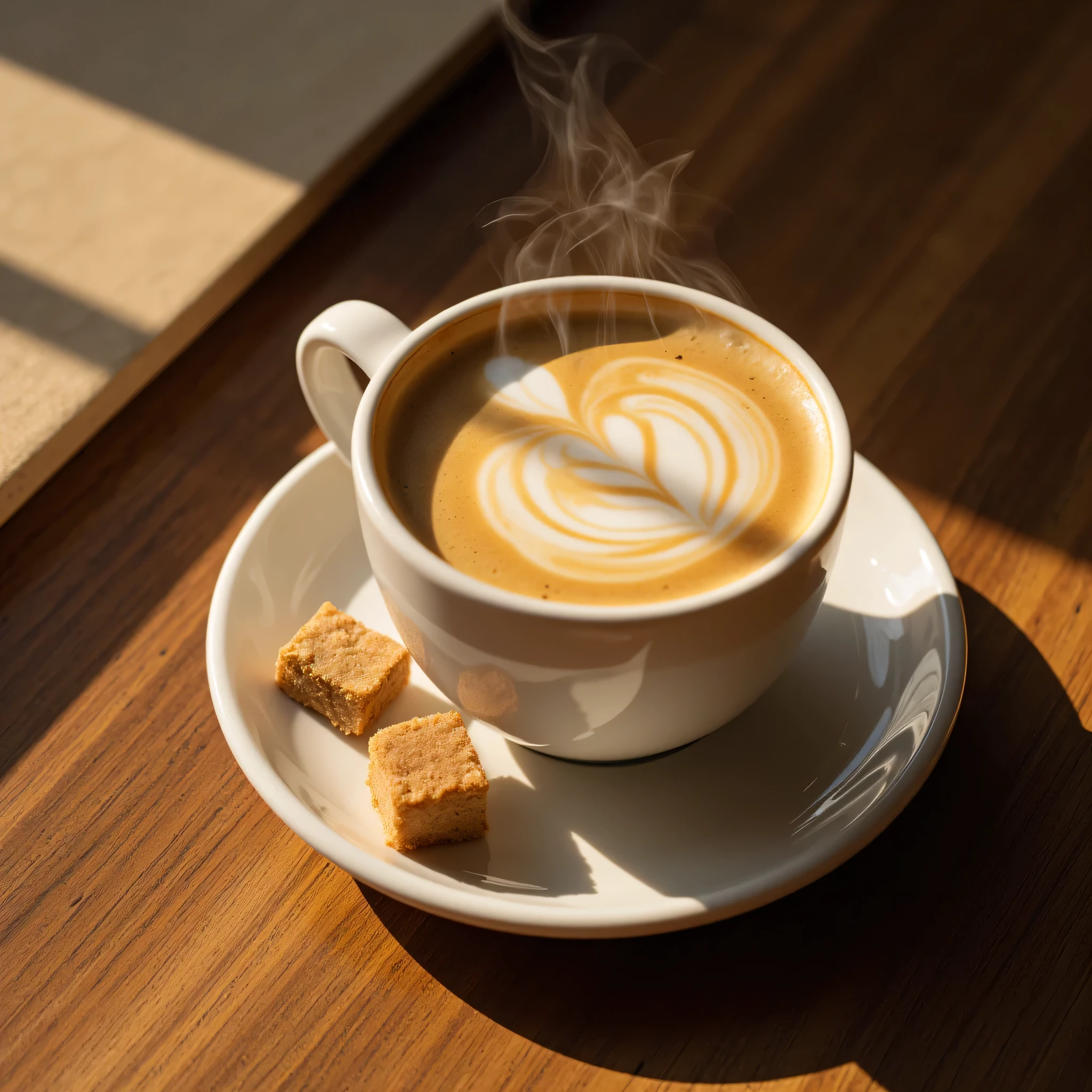 glass of coffee,high quality,professional,photorealistic,8K,detailed,intricate,warm lighting,ceramic mug,steaming hot coffee,cream swirls,brown sugar cubes,wooden table surface,morning sunlight,soft shadow,muted color palette,oil painting