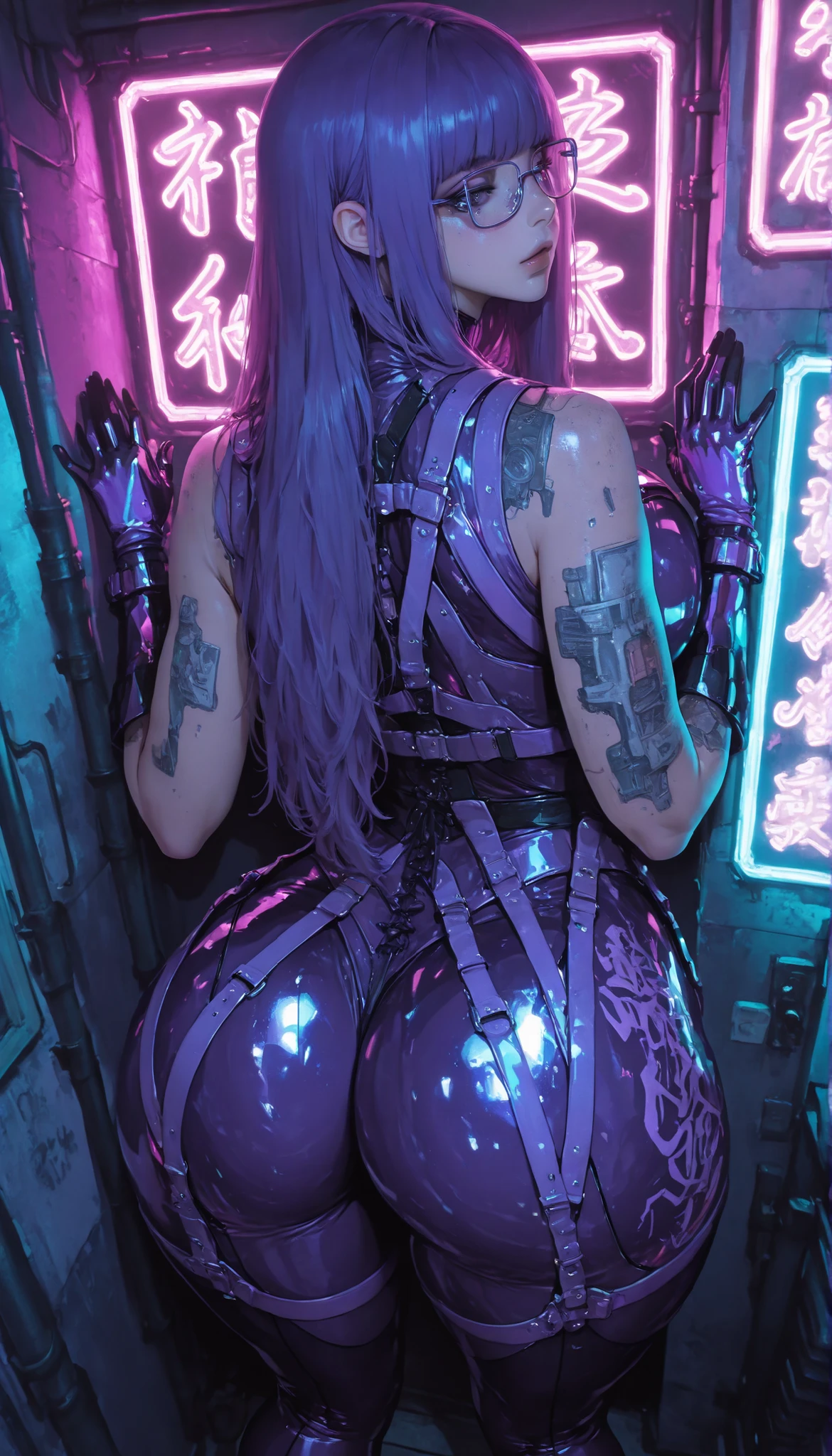 Cyberpunk city background, A woman with a perfect body, Wearing a (Sleeveless) Purple leather bodysuit biological armor, There is this white fluorescent pattern on the tights, She is standing in a narrow alley,Spread legs, (Hands wearing Purple metal gloves),(Purple long Hair,mullet),(Wearing glasses),big butt, big oppai,at night, Dim neon lights, UHD, masterpiece, anatomically correct, textured skin, super detail, best quality, highres, 16k, 1080P,From back,Look back