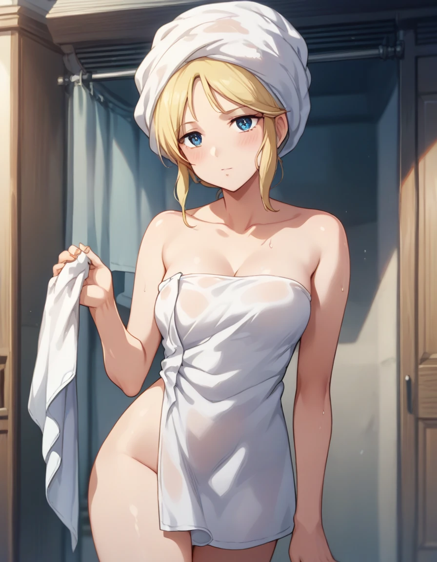 (tmasterpiece), (top-quality), (White bandeau minimal dress:1.5), (Exposed shoulders:1.5), (Towel fabric:1.5), (Be red in the face:1.3), (barechested:1.3), (Realistic:1.5), 1Blittle girl, Precise little pointers, embarrassing looking, Smile, Very Cute Girl, Baby face, Clear eyes, Shining eyes, average breast, thighs visible, No pubic hair, Beautiful skins, ultra-definition, Top resolution, Golden hair, hot onsen