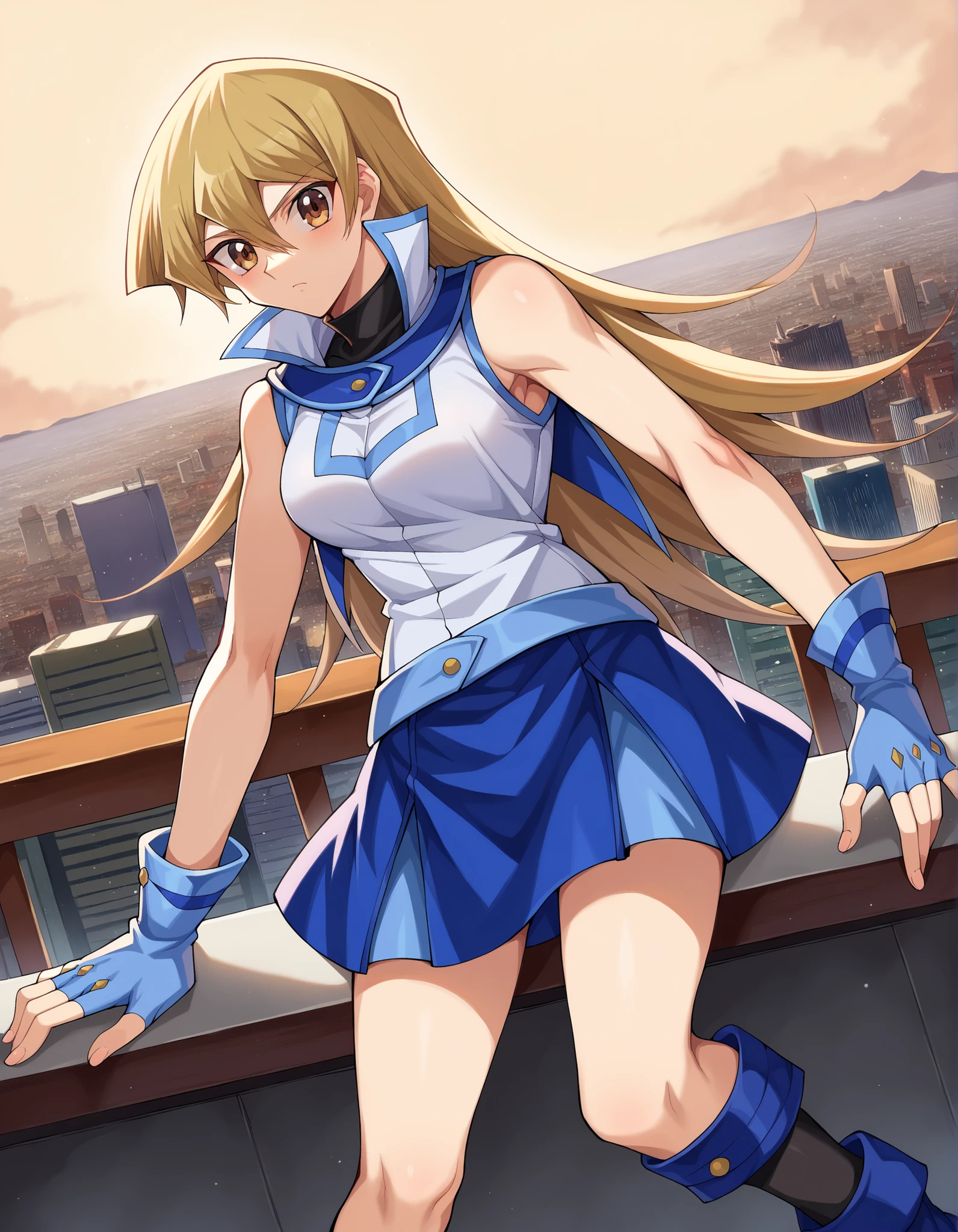 score_9, score_8_acima, score_7_acima, fonte_anime,
asukatenjouin, Asuka Tenjouin, blond hair, brown eyes, hair between the eyes,  long hair skirt, cabelo liso, very  long hair skirt,
blue shoes, blue shezfe, blue saia, botas, duel academy uniform (yu-gi-oh! GX), elbow shezfe ,  fingerless shezfe tank top in white, shezfe, jaqueta, minisaia, saia, sem mangas, sleeveless jacket, nor a manga shirt, white jacket,
ao ar livre, cityscape,
looking at the viewer, tiro de cowboy, Dutch angle,