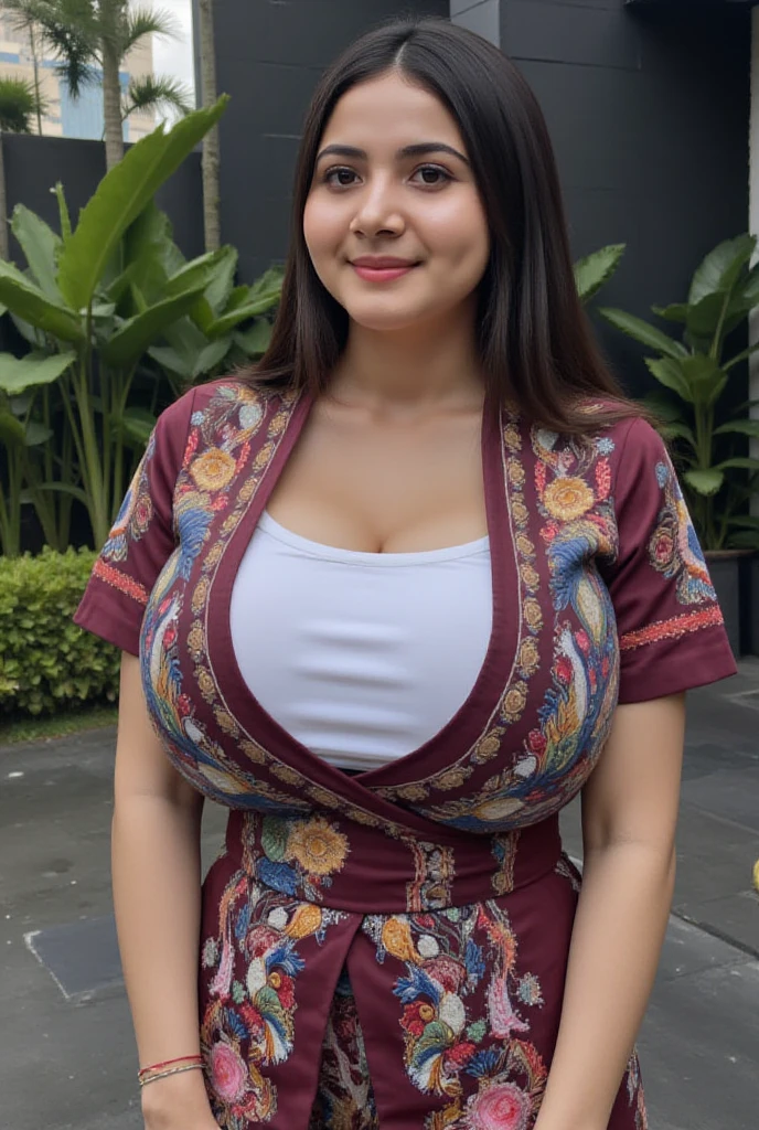 peruvian woman about 35 years old, natural 36dd breasts, wearing a short summer dress, in a street in madrid