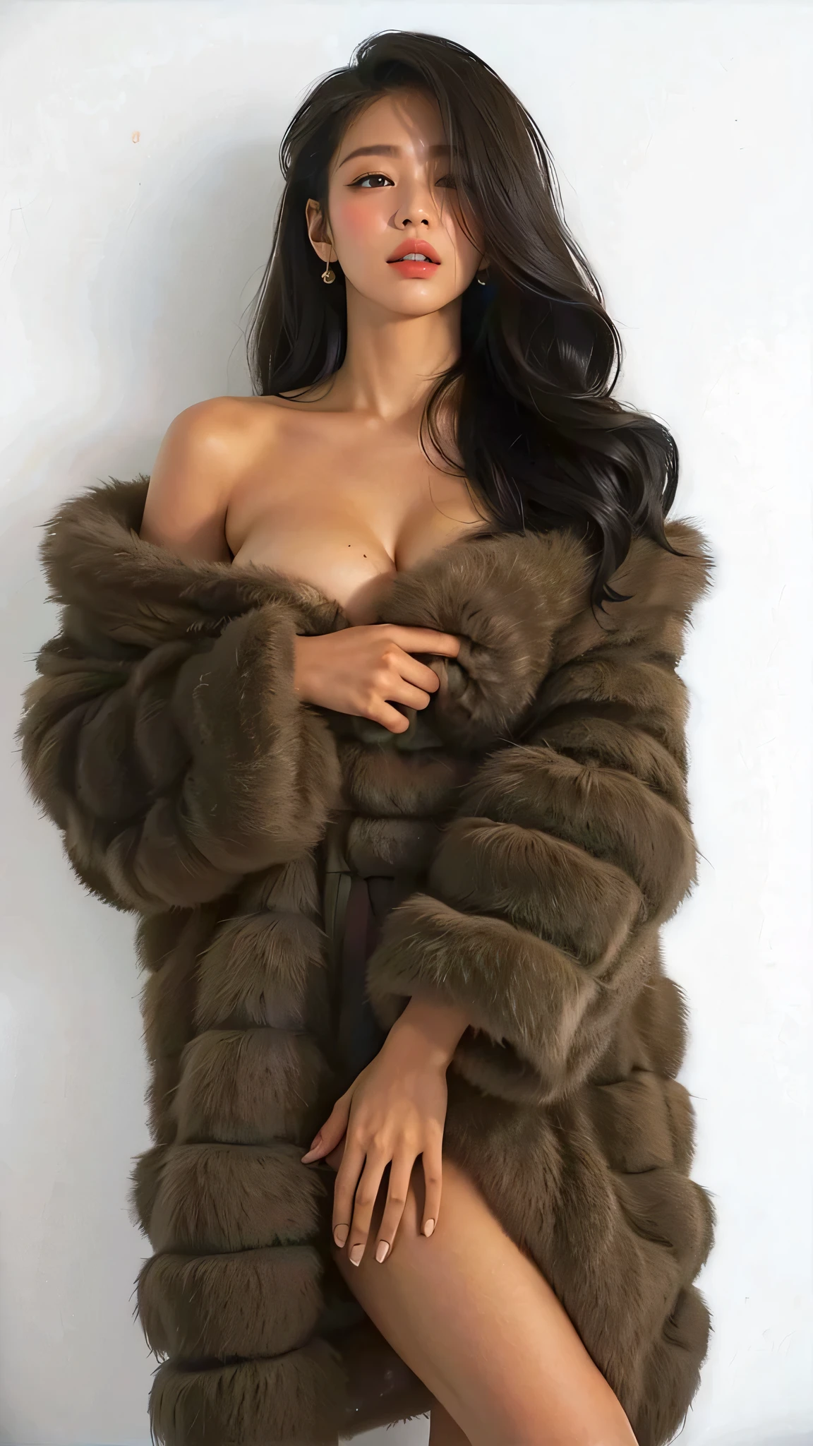 Full body photography、front、(Russian beautiful girl)、naked、High ponytail、No bangs、(Wear a fur coat)、(Fur fashion show)、(High-quality fur)、(voluminous fur)、(Big Breasts 1.9)、Full body photo、(Squat down and spread your legs)、Inserting the male organ
