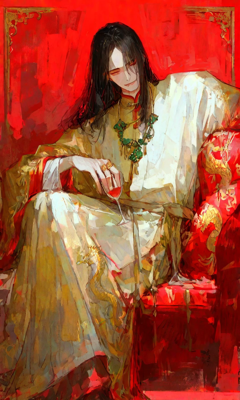 masterpiece, ultra-detailed, highres, absurdres, film grain, solo focus, year 2024, full body, full figure, sitting full view, entire outfit visible, wide shot, Jang Ilsu (return of the mount hua sect), reclining arrogantly on an ornate golden throne, legs crossed, back relaxed with dominance, smirking subtly, sharp half-lidded eyes, masculine and handsome face, mature and confident aura, sculpted jawline, high cheekbones, clearly male face, defined male jawline, masculine build, broad shoulders, strong upper body, no feminine traits, long black hair, no bangs, forehead fully visible, no center part, clean hairline, hair smoothly falling down both sides of the head and over the shoulders, heavy and silky texture, not covering the face, flowing naturally down the back and chest, not styled, not tied, fully loose, wearing a luxurious crimson changpao with gold embroidery, rich red silk fabric with layered textures, golden thread dragon patterns on sleeves and collar, elegant and formal design, high-quality traditional robe fully closed, wide layered sleeves, jade necklace, gold rings, holding a wine glass lazily with one hand, crimson cushions and golden armrest beneath him, deep warm lighting, subtle reflections on silk and gold, imperial palace setting, solid deep red background, cinematic fantasy atmosphere, quiet and overwhelming charisma