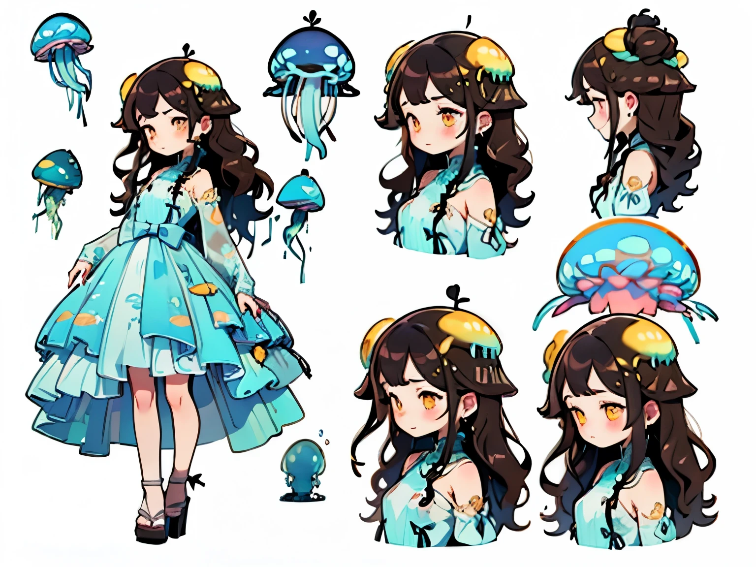 The base colors of this character are blue and yellow. ((Front view, profile, back view, happy, sad, happy expressions)), background is all white, girl, Japanese, about 20 years old, (((jellyfish-like translucent blue dress, yellow accents on the dress)), dark brown hair, medium length, almost transparent clear brown eyes, high heels, proper drawing, no extra limbs, formal drawing