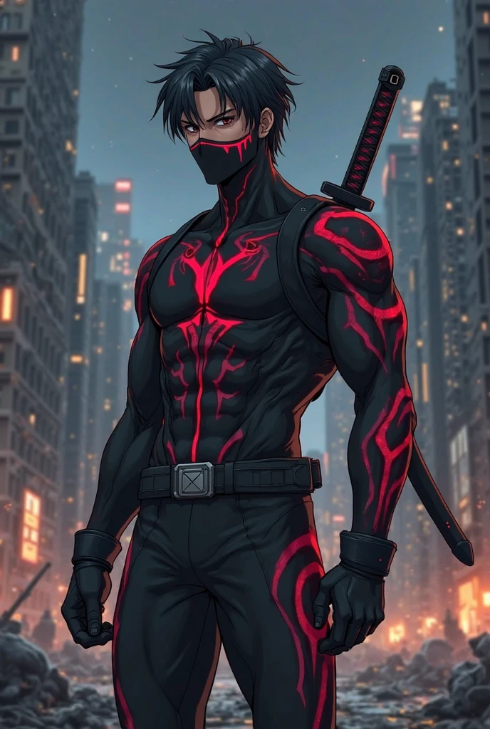 Man with red eye, using mask, black hair, black suit,giant sword,white skin