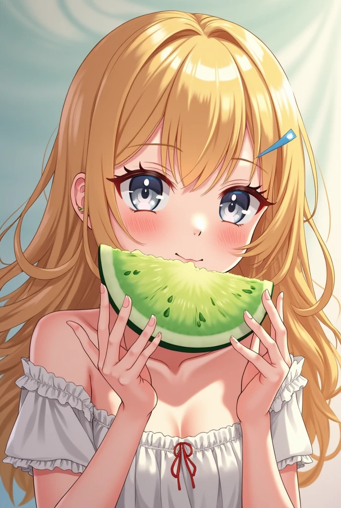 Ecchi、Ecchi、Ecchi、Eye color is pink、a blond、Shoulder Dress、cute little、Transcendent Cute、Idol、sparkly eyes、Eat fresh cucumbers、mouth-watering、夏天、