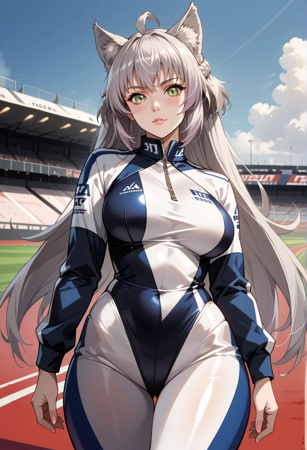 2 girls,long white hair,Track and field suits,The barefoot,Extremely huge,Inside the stadium,sweat profusely,Plump body,Thigh thick,Sprint race