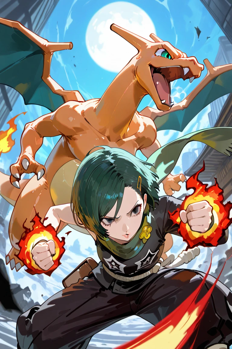 Green haired ager facing a monster all hurt without an arm