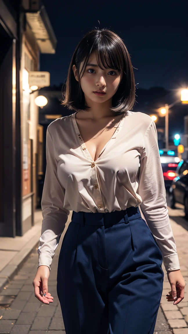 ((masterpiece)),(((Highest quality))),Thin thighs,Long legs,An 18-year-old high school girl standing on the school steps,Wearing a  uniform:1.5，A white shirt with the buttons open, revealing a white bra and accentuating her cleavage.:1.5,The best smile,White sexy lace panties:1.5，Short blonde hair:1.5，short side wave，Carrying a black backpack，Wear black loafers，I&#39;m not wearing a skirt:1.5