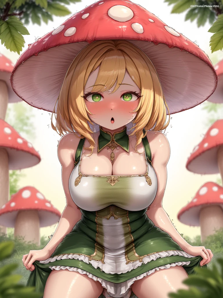 Colorful mushroom bikini, smeared with slime, slimy, mucus, pigtails, small, nipple seals, huge thighs, thick eyebrows, thin waist, female brat, beautiful blonde, braid, mushroom, mushroom bikini, simple background, (masterpiece), ((best quality)), (super detailed), girl, (beautiful eyes)), beautiful detailed eyes, clean and detailed face, five fingers, textile shading, perfect anatomy,