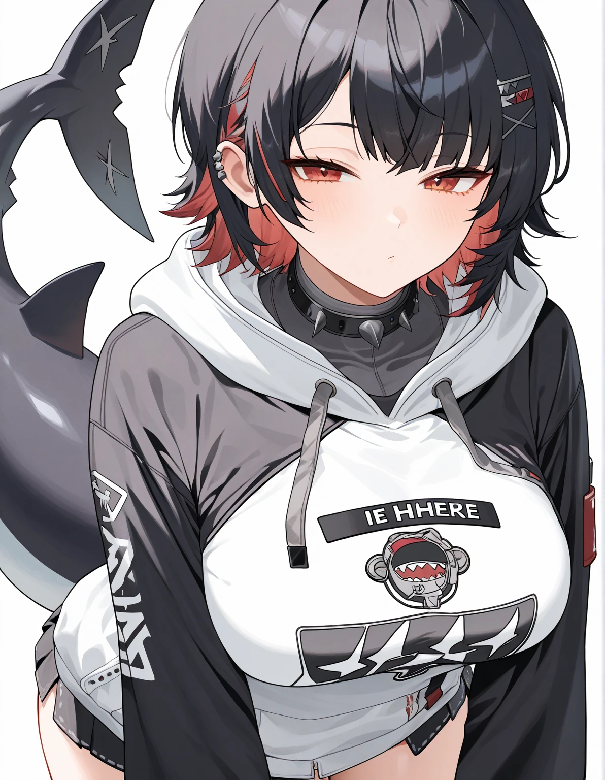 Short black hair with Bangs, white shirt and black shorts, black eyes, pale skin, a big shark tail, icon