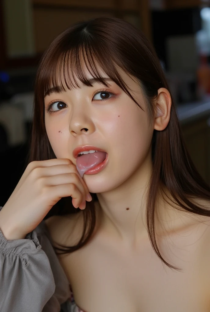 (masterpiece:1.2), Japanese, (((18 years old))), (a girl), indoor, close up to face, (opened mouth wide), light-brown hair, tongue, (((view from above))), 