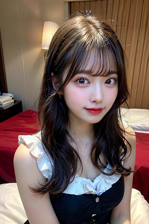 NSFW,(Beautiful 20 year old girl,double eyelids,tear bags,Big, round eyes、Long eyelashes),（H cup big breasts、Red Garter Belt）、（black long hair,bangs）、On the bed in a house where I live alone、highest quality, figure, Very detailed, Fine details, High resolution, 8K, Perfect dynamic composition, Beautiful fine details,Natural color lip, A shy smile、The only person, Bust up photo、Correct posture