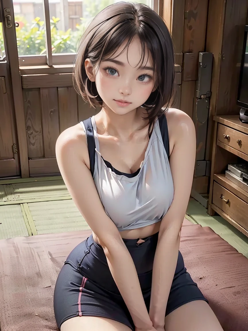 8k, RAW photo, Best Quality, masterpiece, realistic, realistic, (                           1 ultimate beauty), (((I'm wearing yoga wear。、With accentuated breasts)))(((Clothes that accentuate very large breasts)))((yoga instructor)),(Please show only 1 person in the photo。)、(in the living room)(((   gently like the wind  )))((slightly angry expression))(( Please lean forward .))very detailed face, (Perfect Teeth), fine grain, double eyelids,                 eyelashes, lips, (((black hair short  ))), (((very large breasts )))Big Breasts,(((emphasizes crotch)))((( chest)))((Sitting modestly。  and please close your legs  。))  Soft light, ((          Boundary Division          ))             proceed carefully                                      ，((Japanese woman)), (((Medium fleshy body   ,Feminine, Beautiful curved waist to waist line))), (((realistic))(((front map)))