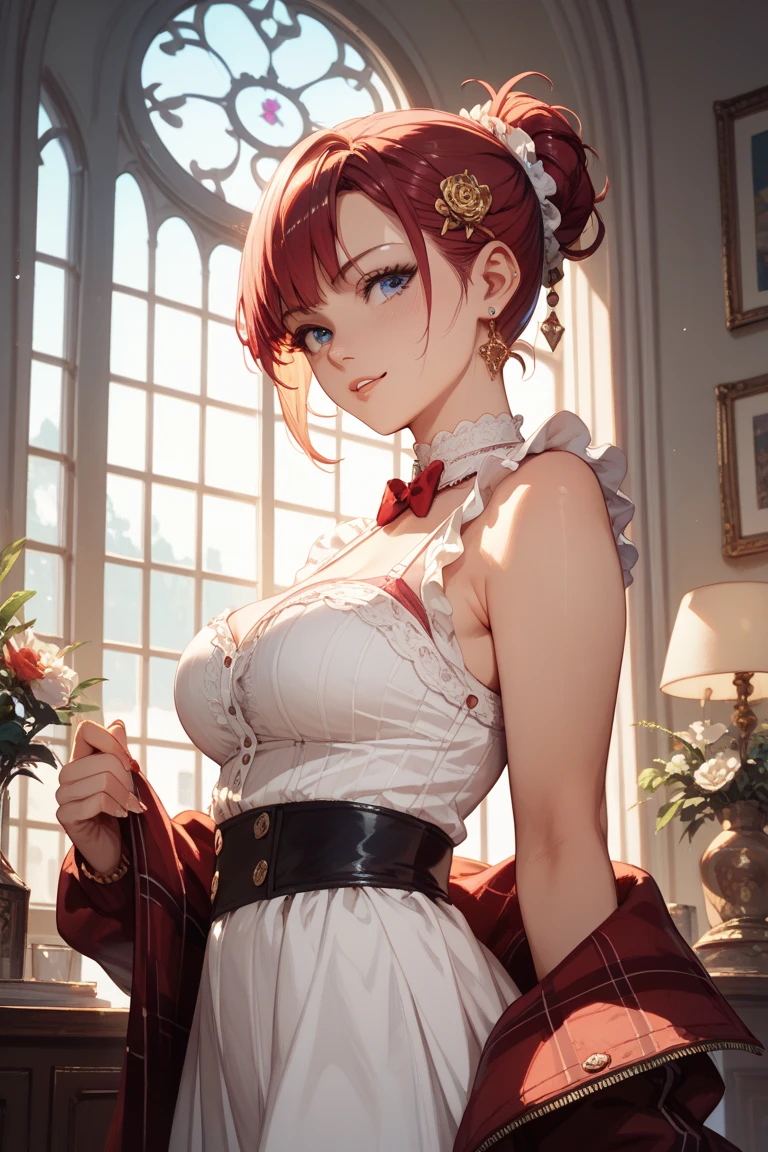 beautiful aristocrat girl with short red hair and blue eyes in fine clothes and jewels