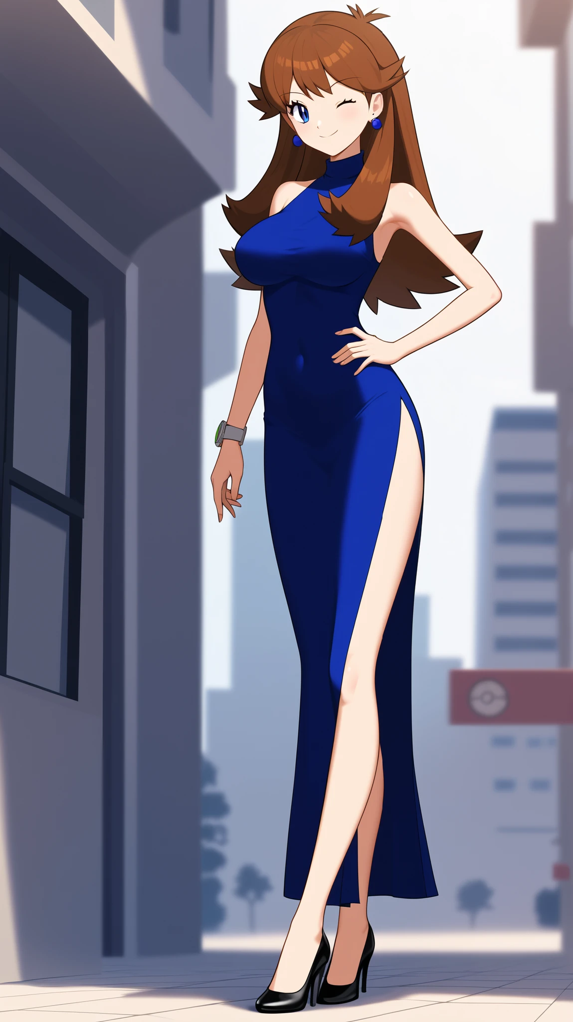 ((Best Quality)), ((masterpiece)), ((details)), 1girl, two legs, two arms, orange brown hair color, long hair, blue eyes, Big Breasts, tall, slim figure, ANIME COLORING BOOK, One hand on hip pose, slit dress, beautiful feet, thigh, black high heels, blue earrings, sexy smile, A Seductive Smile, wink, closes one eye, watch viewers, standing, 1 Female, Age 18, Three idiot hairs , bangs, full body, slim figure, City, (\Pokemon\), score_9, score_8_excellent, score_7_excellent, score_6_excellent, source_anime, cell shading, flat color, vector,