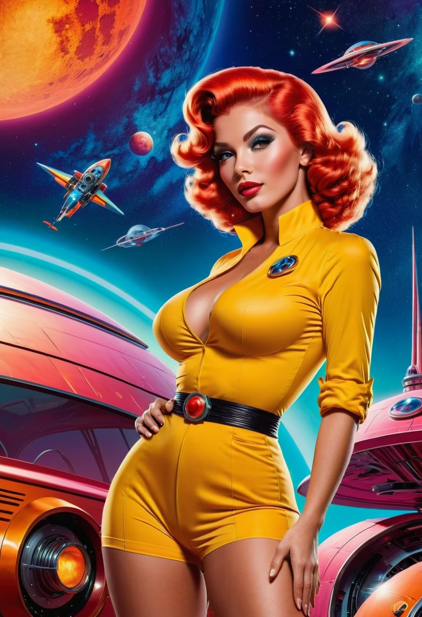 Design a sensual and adventurous 70s pin-up character in a vibrant, Retro sci-fi setting. Embrace pulp aesthetics with bold colors, dynamic poses, y un toque de misterio. Make her the iconic heroine of an exciting space age adventure.!,Foto R3AL