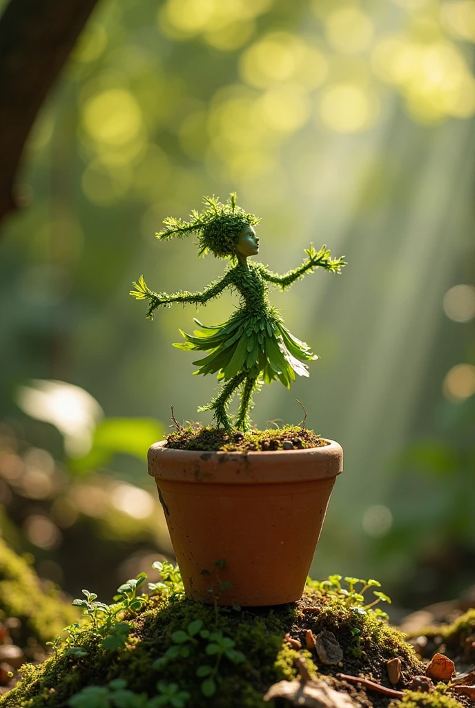 ➡️ Prompt:-
A whimsical miniature figure, crafted from a vibrant medley of green leaves, assumes a lively dancing pose atop a worn, earthy pot, surrounded by a lush forest scene awash in the soft, misty glow of rain-kissed greens and blues, evoking a sense of mythical wonder and serenity.


