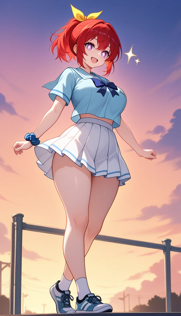 princesa margarita, Caderas anchas, muslos, uniforme escolar, falda plisada, levantamiento de falda, tetas desnudas, tacones altos, mangas cortas,(Camisa blanca:1.3),(Falda que se enrolla:1.3)、(Bragas completamente expuestas:1.5),、rubor rojo, cuerpo completo