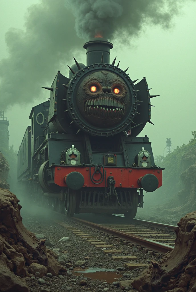 fantasy illustration,anime,art by Tsutomu Nihei,manga,oil paint,thomas the train in hell,beksinski